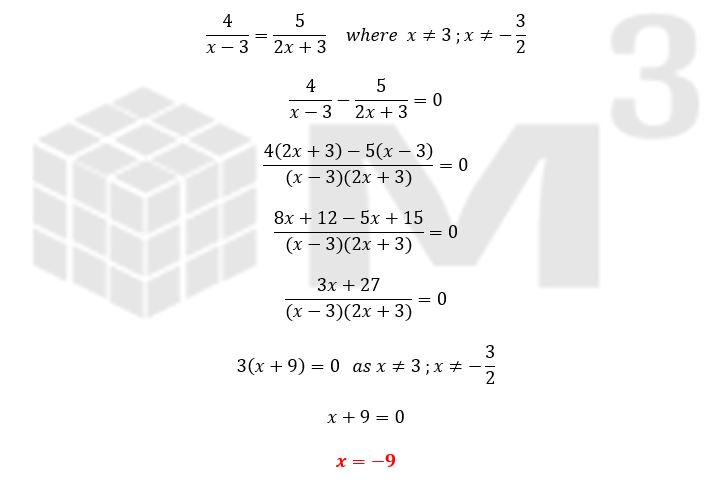 How can one solve the following by using the method of factorization: 4/(x−3)=5/(2x+3) where x≠3 and x≠−3/2?